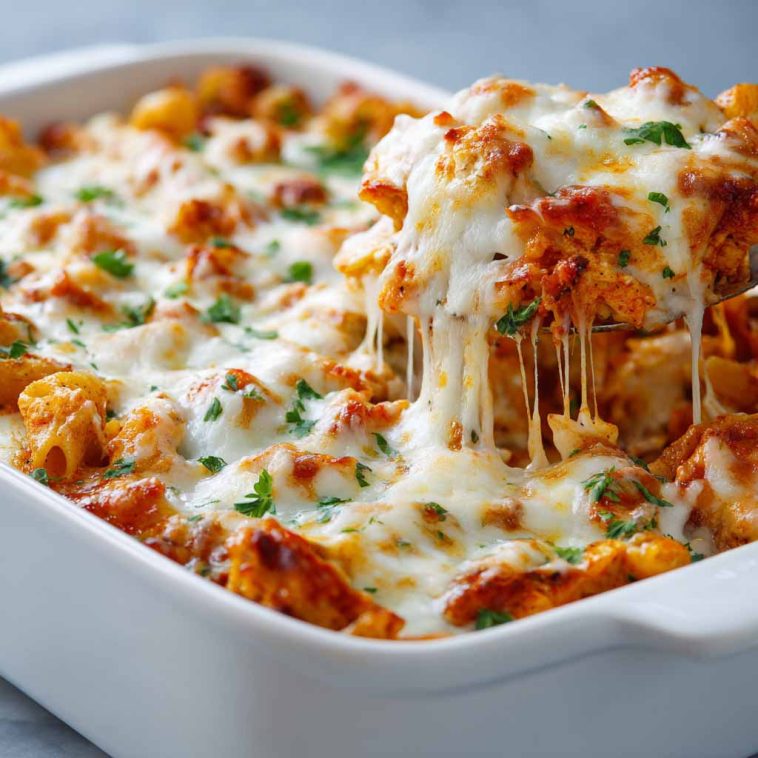 Dump-and-bake chicken parmesan casserole topped with melted cheese and herbs