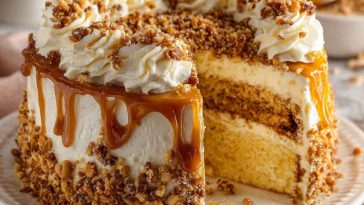 Butterscotch crunch cake layered with creamy frosting and topped with crunchy butterscotch bits and caramel drizzle.