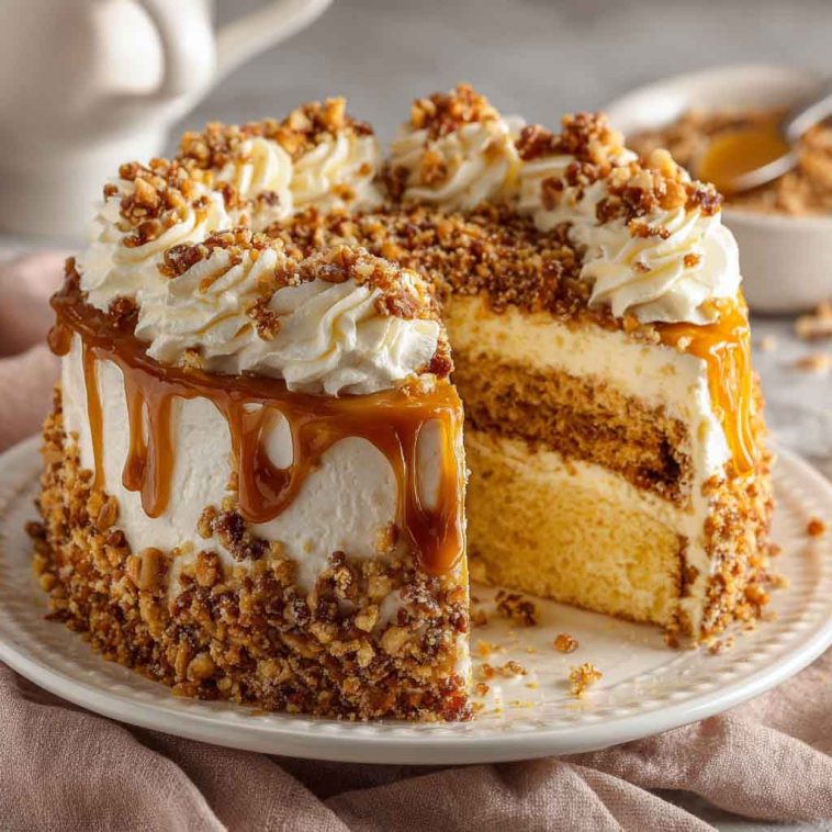 Butterscotch crunch cake layered with creamy frosting and topped with crunchy butterscotch bits and caramel drizzle.