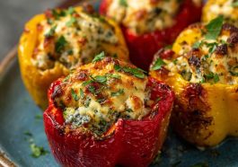 Bell peppers stuffed with creamy ricotta cheese, herbs, and baked until tender and lightly golden.