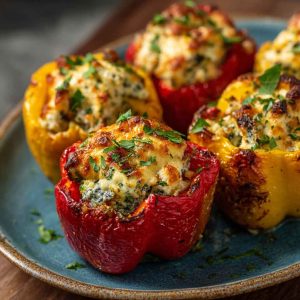 Bell peppers stuffed with creamy ricotta cheese, herbs, and baked until tender and lightly golden.