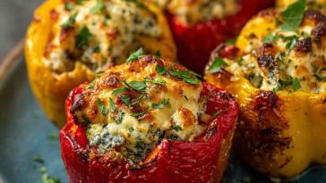 Bell peppers stuffed with creamy ricotta cheese, herbs, and baked until tender and lightly golden.