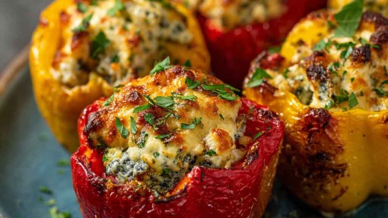 Bell peppers stuffed with creamy ricotta cheese, herbs, and baked until tender and lightly golden.
