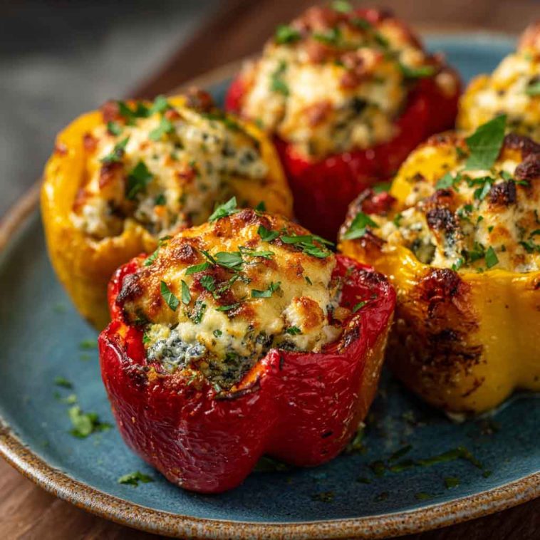 Bell peppers stuffed with creamy ricotta cheese, herbs, and baked until tender and lightly golden.