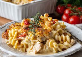 A creamy Cajun chicken pasta bake topped with melted cheese, baked until golden, and garnished with fresh parsley in a casserole dish.
