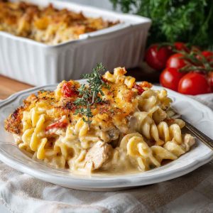 A creamy Cajun chicken pasta bake topped with melted cheese, baked until golden, and garnished with fresh parsley in a casserole dish.
