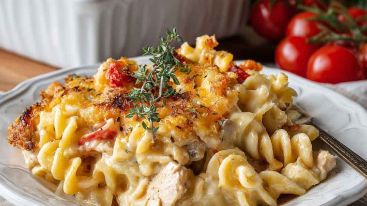 A creamy Cajun chicken pasta bake topped with melted cheese, baked until golden, and garnished with fresh parsley in a casserole dish.