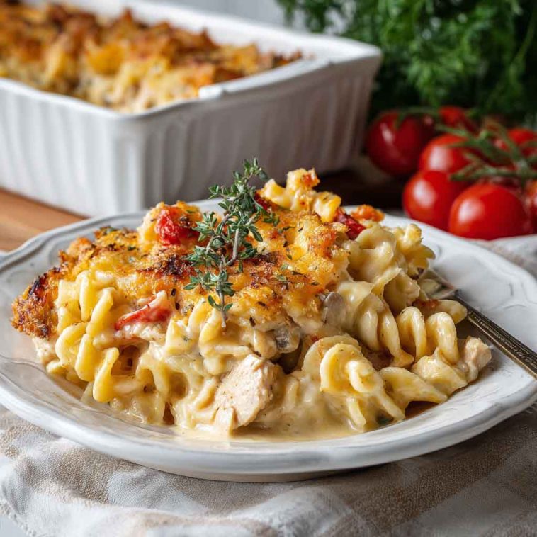 A creamy Cajun chicken pasta bake topped with melted cheese, baked until golden, and garnished with fresh parsley in a casserole dish.
