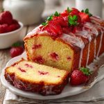 Fresh lemony Greek strawberry pound cake topped with juicy strawberries and a light glaze.