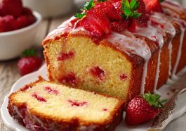Fresh lemony Greek strawberry pound cake topped with juicy strawberries and a light glaze.