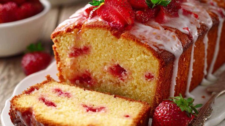 Fresh lemony Greek strawberry pound cake topped with juicy strawberries and a light glaze.