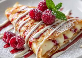 A delicate raspberry vanilla crepe folded with fresh raspberries, whipped cream, and a drizzle of vanilla sauce, served on a white plate.