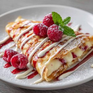 A delicate raspberry vanilla crepe folded with fresh raspberries, whipped cream, and a drizzle of vanilla sauce, served on a white plate.