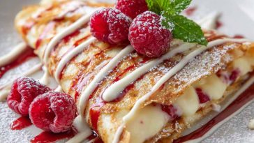 A delicate raspberry vanilla crepe folded with fresh raspberries, whipped cream, and a drizzle of vanilla sauce, served on a white plate.