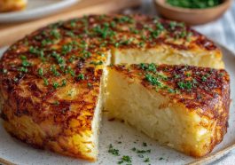 Savory German potato cake baked until golden with crispy edges and a soft, tender interior.