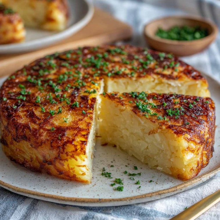 Savory German potato cake baked until golden with crispy edges and a soft, tender interior.