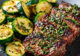 Garlic butter steak with sautéed zucchini, cooked to perfection with a rich, glossy sauce.