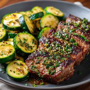 Garlic butter steak with sautéed zucchini, cooked to perfection with a rich, glossy sauce.
