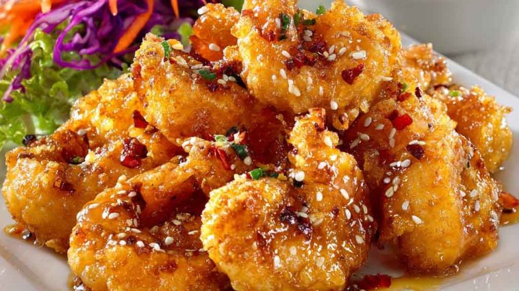 Crispy shrimp coated in a creamy honey sauce, garnished with sesame seeds and herbs.