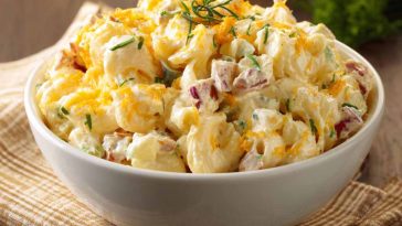 Creamy macaroni salad with cheddar cheese and sour cream dressing.