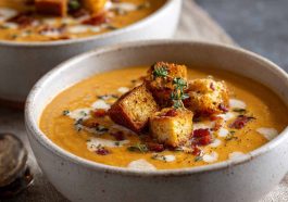 Pan-seared tilapia fillets served with vibrant roasted red pepper sauce and fresh herbs.