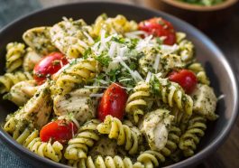 A bowl of light pesto pasta with grilled chicken strips, tossed with fresh basil pesto, cherry tomatoes, and spinach, garnished with Parmesan cheese.
