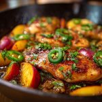 Jalapeño peach chicken glazed with sweet and spicy sauce on a plate