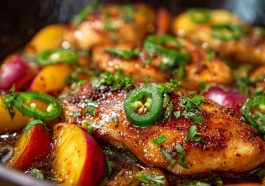 Jalapeño peach chicken glazed with sweet and spicy sauce on a plate