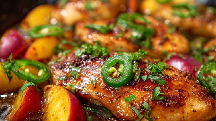 Jalapeño peach chicken glazed with sweet and spicy sauce on a plate