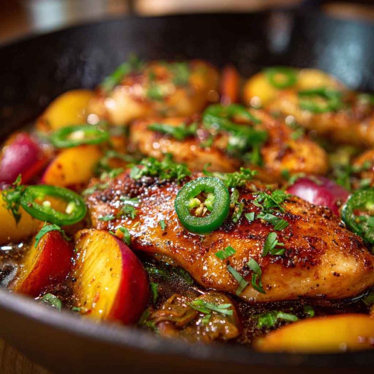 Jalapeño peach chicken glazed with sweet and spicy sauce on a plate