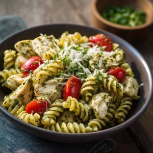 A bowl of light pesto pasta with grilled chicken strips, tossed with fresh basil pesto, cherry tomatoes, and spinach, garnished with Parmesan cheese.