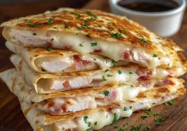 Chicken cordon bleu quesadilla with ham, cheese, and chicken filling