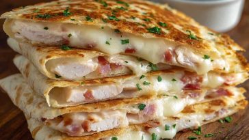 Chicken cordon bleu quesadilla with ham, cheese, and chicken filling