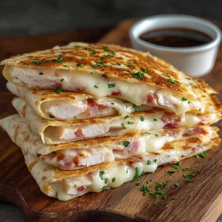 Chicken cordon bleu quesadilla with ham, cheese, and chicken filling