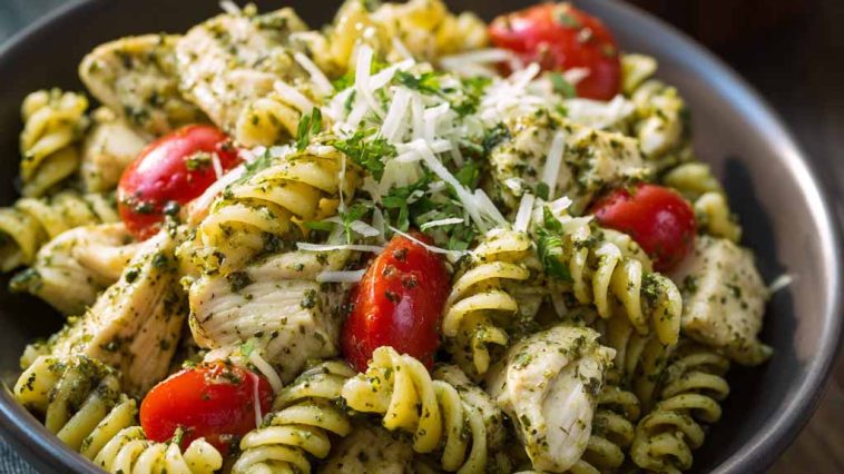 A bowl of light pesto pasta with grilled chicken strips, tossed with fresh basil pesto, cherry tomatoes, and spinach, garnished with Parmesan cheese.