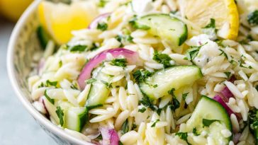 Light cucumber lemon orzo salad with fresh herbs, crisp cucumbers, and a bright citrus dressing.