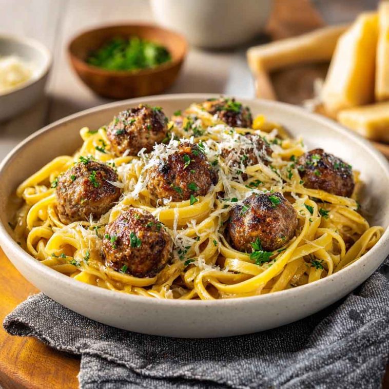 Parmesan linguine topped with juicy garlic butter meatballs in a rich savory sauce.
