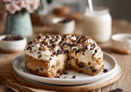 Layered cookie dough cake with soft cake layers, edible cookie dough filling, and creamy frosting.