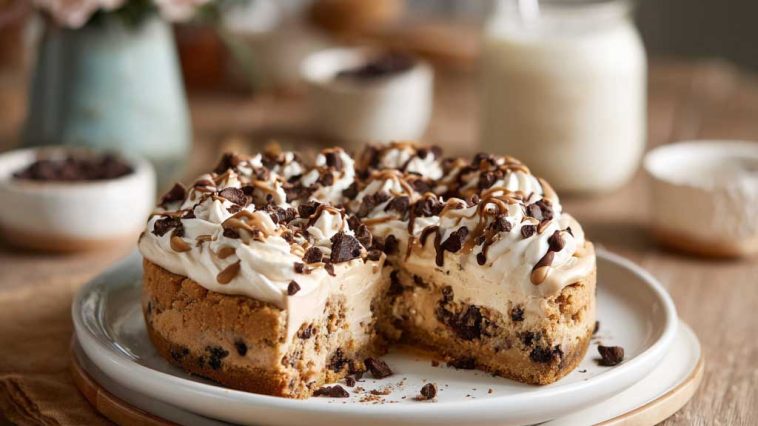 Layered cookie dough cake with soft cake layers, edible cookie dough filling, and creamy frosting.