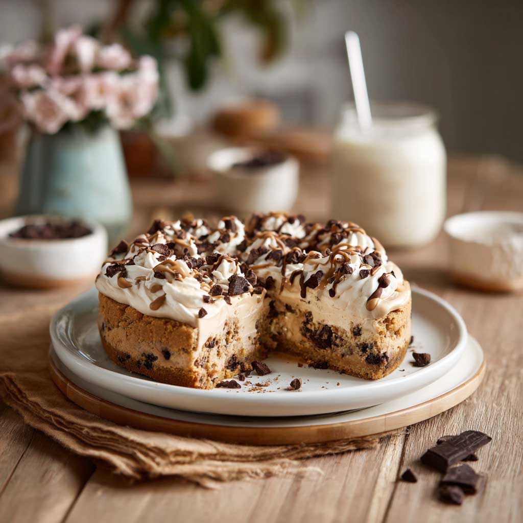 Layered cookie dough cake with soft cake layers, edible cookie dough filling, and creamy frosting.