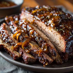 Slow cooker brisket cooked until tender, sliced and served with rich gravy and herbs.