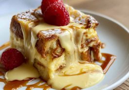 Warm custard bread pudding baked until golden, topped with powdered sugar and served with a creamy sauce.