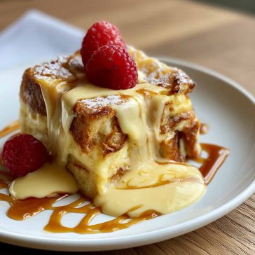 Warm custard bread pudding baked until golden, topped with powdered sugar and served with a creamy sauce.