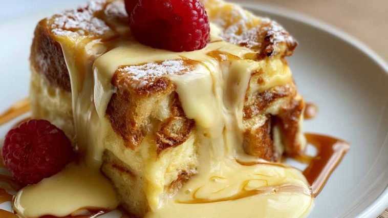 Warm custard bread pudding baked until golden, topped with powdered sugar and served with a creamy sauce.