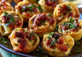 Crispy tortellini party snacks served with dipping sauce on a platter.