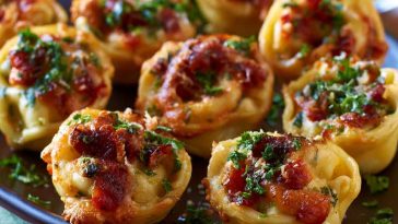 Crispy tortellini party snacks served with dipping sauce on a platter.