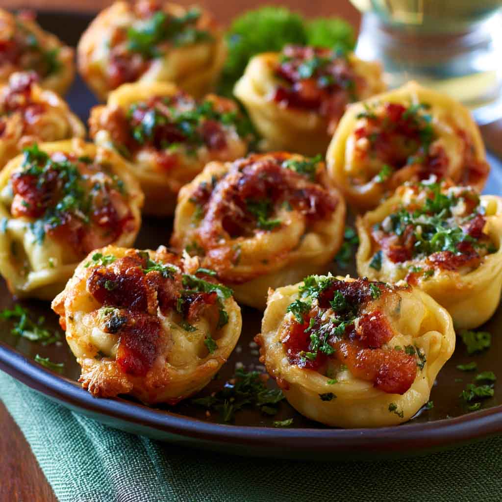 Crispy tortellini party snacks served with dipping sauce on a platter.