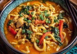 Udon noodles with chicken in creamy coconut red curry sauce, rich and flavorful.