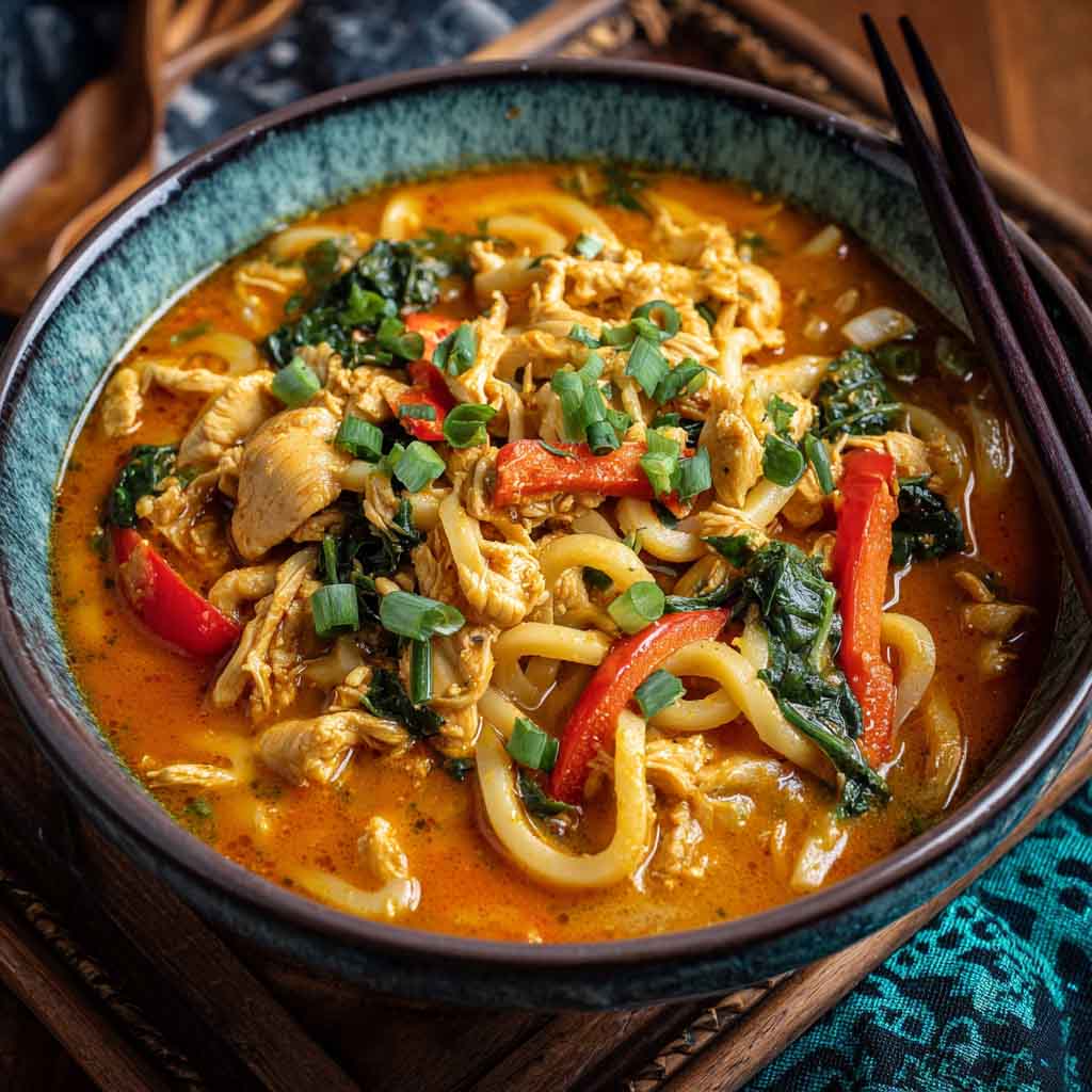 Udon noodles with chicken in creamy coconut red curry sauce, rich and flavorful.
