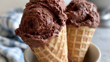 Creamy brownie batter ice cream scooped into a bowl with chocolate brownie chunks and chocolate drizzle on top.